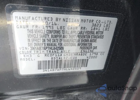 2017 Nissan Sentra Sv z USA, uszkodzony, nr VIN 3N1AB7AP7HL642509